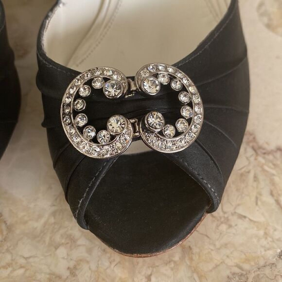 Benjamin Adams London Black Satin & Swarovski Crystals Peep Toe Evening Heels - Picture 6 of 16